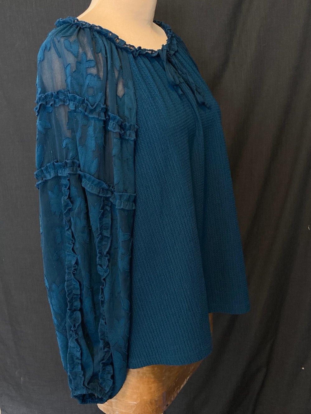 Alice Blue Teal Peasant Blouse with Sheer Lace Sleeves